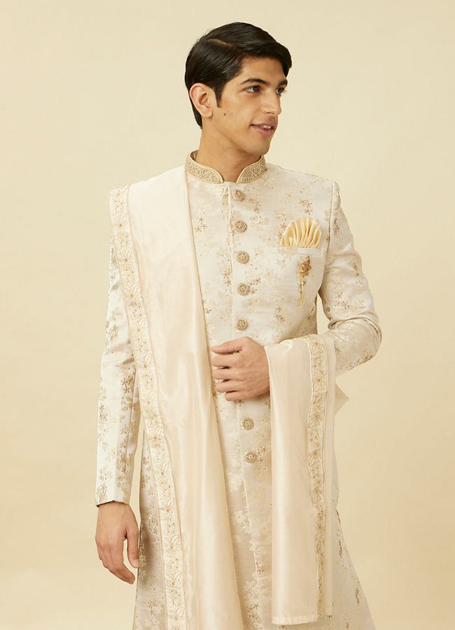 alt message - Manyavar Men Cream Pink Bel Buti Patterned Sherwani Set image number 0